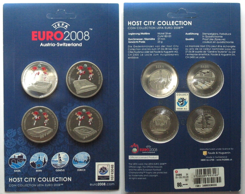 SWITZERLAND. Official set 4 x 10 Francs UEFA EURO 2008 HOST CITY COLLECTION, Soc...