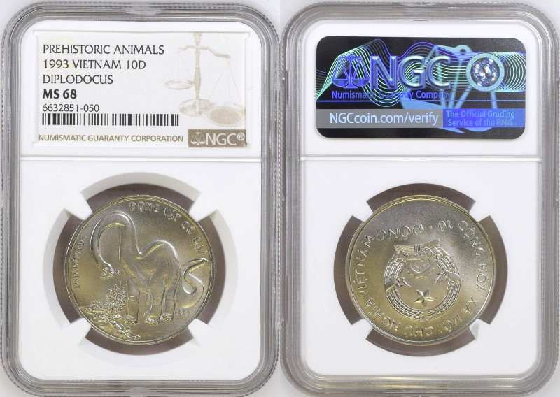 VIETNAM. 10 Dong 1993, PREHISTORIC ANIMALS, Diplodocus, RARE! NGC MS 68. KM# 44
...