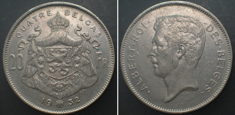 BELGIUM. 20 Francs 1932, ALBERT, French legend, Pos. B, nickel, AU! KM# 101.1.