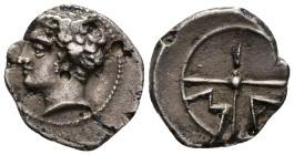 GAUL. Massalia. Obol (AR, 11 mm, 0.68 g) c. 310–250 BC.

Bare head of Apollo left. / M–A within wheel of four spokes. Depeyrot 15C. Dark toning. Var...