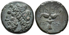 SICILY. Syracuse. Hieron II (275–215 BC). Tetras (AE, 19 mm, 6.43 g) c. 217–215 BC.

Diademed head of Poseidon left. / IEPΩ–NOΣ Ornamented trident, ...