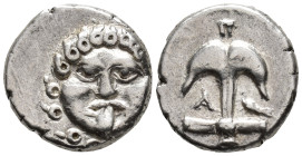 THRACE. Apollonia Pontica. Drachm (AR, 14 mm, 2.87 g) late 5th–4th century BC.

Facing gorgoneion with protruding tongue. / Anchor upward; in left f...