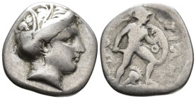 LOKRIS. Lokris Opuntii. Triobol (AR, 16 mm, 2.54 g) c. 356–338 BC.

Wreathed head of Demeter right. / [O]ΠO[N]-TIΩ[N] Ajax advancing right, wearing ...