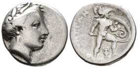 LOKRIS. Lokris Opuntii. Triobol (AR, 15 mm, 2.60 g) c. 340–330 BC.

Wreathed head of Demeter right. / OΠONTIΩN Ajax advancing right, wearing Corinth...