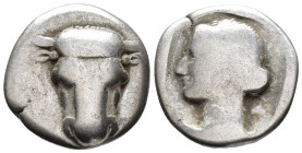 PHOKIS. Federal Coinage. Triobol (AR, 14 mm, 2.50 g) c. 445–420 BC.

Bull's head facing. / [Φ–Ο–Κ–Ι] Head of Artemis left, wearing necklace, with he...