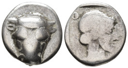 PHOKIS. Federal Coinage. Triobol (AR, 13 mm, 2.83 g) c. 445–420 BC.

Bull's head facing. / [Φ]–Ο–[Κ–Ι] Head of Artemis right, wearing necklace, with...