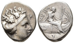 EUBOIA. Histiaia. Tetrobol (AR, 14 mm, 2.33 g) 3rd–2nd century BC.

Head of nymph Histiaia wearing a vine-wreath, earring and necklace right. / [IΣT...