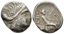 EUBOIA. Histiaia. Tetrobol (AR, 12 mm, 1.57 g) 3rd–2nd century BC.

Head of nymph Histiaia wearing a vine-wreath, earring and necklace right. / [IΣT...