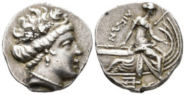 EUBOIA. Histiaia. Tetrobol (AR, 15 mm, 2.19 g) 3rd–2nd century BC.

Head of nymph Histiaia wearing a vine-wreath, earring and necklace right. / [IΣT...