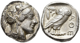 ATTICA. Athens. Tetradrachm (AR, 25 mm, 17.26 g) c. 454–404 BC.

Head of Athena right, wearing crested Attic helmet decorated with three olive leave...
