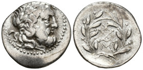 ACHAIA. Achaian League. Messene. Hemidrachm (AR, 16 mm, 2.37 g) c. 175–168 BC.

Laureate head of Zeus right. / Achaian League monogram; above Χ; bel...
