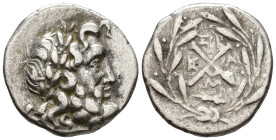 ACHAIA. Achaian League. Megalopolis. Hemidrachm (AR, 15 mm, 2.41 g) c. 160–146 BC.

Laureate head of Zeus right. / Achaian League monogram; above ΞΒ...