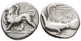 SIKYONIA. Sikyon. Triobol (AR, 15 mm, 2.78 g) c. 330–280 BC.

Chimera standing left with right forepaw slightly raised; below ΣΙ. / Dove flying left...