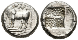 BITHYNIA. Kalchedon. Drachm (AR, 14 mm, 3.84 g) c. 367/6–340 BC. Rhodian standard.

KAΛX Bull standing left on grain ear; in left field kerykeion an...