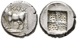 BITHYNIA. Kalchedon. Drachm (AR, 15 mm, 3.78 g) c. 367/6–340 BC. Rhodian standard.

ΚΑΛΧ Bull standing on grain ear left; in left field kerykeion an...