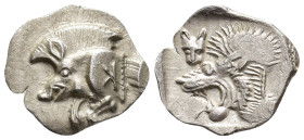 MYSIA. Kyzikos. Obol (AR, 10 mm, 0.39 g) c. 525-475 BC.

Forepart of boar left, K on shoulder; behind tunny. / Head of roaring lion left; in upper l...