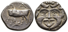 MYSIA. Parion. Hemidrachm (AR, 14 mm, 2.13 g) 4th century BC.

ΠΑ/ΡΙ Bull standing left, head right; below control mark. / Gorgoneion facing, surrou...