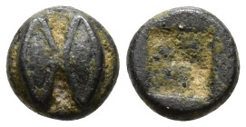 LESBOS. Uncertain mint. Tetartemorion (AR, 6 mm, 0.28 g) c. 500–450 BC.

Two eyes or grains. Rev. Rough quadripartite incuse square. HGC 6, 1075. Da...