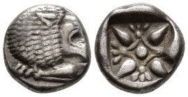 IONIA. Milet. Diobol (AR, 9 mm, 1.15 g) late 6th–early 5th century BC.

Forepart of a lion left, head right. / Star-shaped floral ornament in incuse...