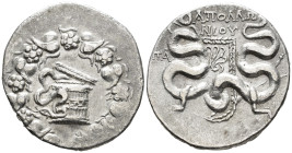 PHRYGIA. Apameia. Cistophoric standard. Tetradrachm (AR, 26 mm, 12.14 g) c. 88–67 BC. Magistrate Apollonios.

Cista mystica within ivy wreath with f...