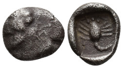 CARIA. Mylasa. Hemiobol (AR, 8 mm, 0.32 g) c. 450–400 BC.

Facing forepart of a lion. / Scorpion within incuse square. SNG Kayhan 934-938. Dark toni...