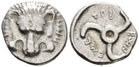 LYCIAN DYNASTS. Trbbenimi (c. 390–375 BC). 1/3 Stater (AR, 15 mm, 2.66 g) Wedrei mint.

Facing lion's scalp. / Lycian inscription ('Trbbãnimi'), Tri...