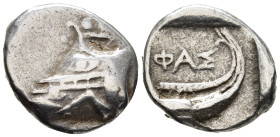 LYCIA. Phaselis. Tetrobol (AR, 15 mm, 3.37 g) c. 500–440 BC.

Prow of galley left in the form of a forepart of a boar. / ΦΑΣ Stern of galley right w...