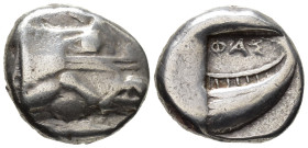 LYCIA. Phaselis. Tetrobol (AR, 14 mm, 3.55 g) c. 500–440 BC.

Prow of galley right in the form of a forepart of a boar. / ΦΑΣ Stern of galley right ...
