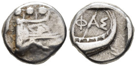 LYCIA. Phaselis. Tetrobol (AR, 13 mm, 3.32 g) c. 500–440 BC.

Prow of galley right in the form of a forepart of a boar. / ΦΑΣ Stern of galley right ...