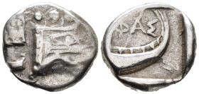 LYCIA. Phaselis. Tetrobol (AR, 15 mm, 3.39 g) c. 500–440 BC.

Prow of galley right in the form of a forepart of a boar. / ΦΑΣ Stern of galley right ...