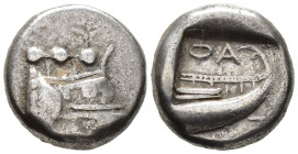 LYCIA. Phaselis. Tetrobol (AR, 13 mm, 3.40 g) c. 500–440 BC.

Prow of galley right in the form of a forepart of a boar. / ΦΑ–Σ Stern of galley right...