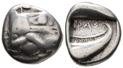 LYCIA. Phaselis. Tetrobol (AR, 13 mm, 3.35 g) c. 500–440 BC.

Prow of galley right in the form of a forepart of a boar. / ΦΑΣ Stern of galley right ...