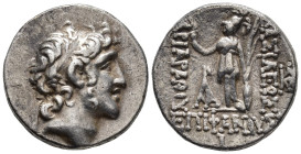 CAPPADOKIAN KINGS. Ariarathes VI Epiphanes Philopator (c. 130–112/0 BC). Drachm (AR, 16 mm, 4.21 g) RY 10 (121/0 BC), Komana mint. 

Diademed head o...