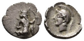 PERSIA. Achaemenid Empire. Time of Artaxerxes II to Darios III (c. 400–332 BC). Tetartemorion (AR, 7 mm, 0.17 g) Kolophon(?) mint.

Persian king or ...