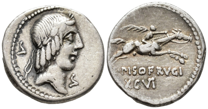 L. Calpurnius Piso Frugi, 90 BC. Denarius (AR, 18 mm, 3.90 g) Rome mint.

Laur...