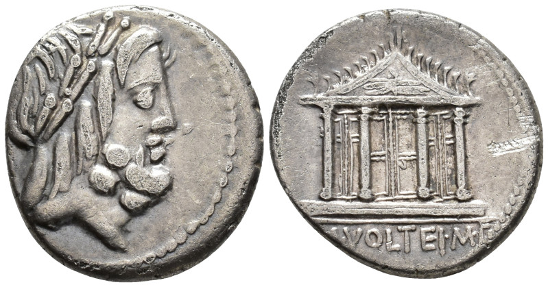 M. Volteius M.f., 78 BC. Denarius (AR, 18 mm, 3.70 g) Rome mint.

Laureate hea...