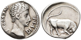 Augustus (27 BC–AD 14). Denarius (AR, 19 mm, 3.79 g) c. 15–13 BC, Lugdunum mint.

AVGVSTVS – DIVI F Bare head of Augustus right. / [IMP X] Bull butt...