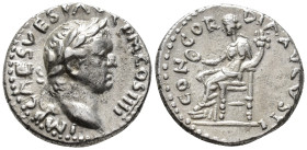 Vespasian (AD 69–79). Denarius (AR, 17 mm, 3.38 g) AD 72–73, Antioch mint.

IMP CAES VESP AVG P M COS IIII Laureate head of Vespasian right. / CONCO...