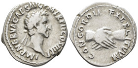 Nerva (AD 96–98). Denarius (AR, 18 mm, 2.95 g) AD 97, Rome mint.

IMP NERVA CAES AVG PM TR P II COS III P P Laureate head of Nerva right. / CONCORDI...