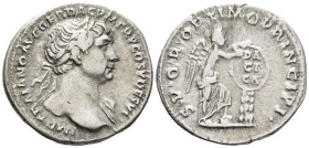 Trajan (AD 98–117). Denarius (AR, 19 mm, 2.98 g) AD 111, Rome mint.

IMP TRAIANO AVG GER DAC PM TR P COS V DES VI Laureate and draped bust of Trajan...