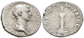 Trajan (AD 98–117). Denarius (AR, 19 mm, 3.31 g) Early AD 113–summer 114, Rome mint. 

IMP TRAIANO AVG GER DAC P M TR P COS VI P P Laureate and drap...