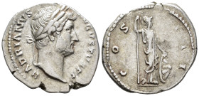 Hadrian (AD 117–138). Denarius (AR, 19 mm, 3.36 g) AD 128–circa 130, Rome mint.

HADRIANVS AVGVSTVS P P Laureate head of Hadrian right. / COS III Mi...