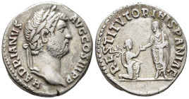 Hadrian (AD 117–138). Denarius (AR, 18 mm, 3.46 g) AD 130–133, Rome mint.

HADRIANVS AVG COS III P P Laureate head of Hadrian right. / RESTITVTORI H...