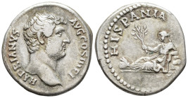 Hadrian (AD 117–138). Denarius (AR, 18 mm, 3.37 g) AD 130–133, Rome mint.

HADRIANVS AVG COS III P P Bare head of Hadrian right. / HISPANIA Hispania...