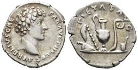 Marcus Aurelius, Caesar (AD 139–161). Denarius (AR, 18 mm, 3.30 g) AD 142, Rome mint.

AVRELIVS CAESAR AVG PII F COS Bare head of Marcus Aurelius ri...