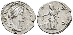 Lucilla, Augusta (AD 164–182). Denarius (AR, 19 mm, 3.45 g) Rome mint.

LVCILLAE AVG ANTONINI AVG F Draped bust of Lucilla right. / VESTA Vesta stan...