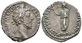 Commodus (AD 177–192). Denarius (AR, 17 mm, 2.94 g) AD 187, Rome mint.

M COMM ANT P FEL A[VG BRIT] Laureate head of Commodus right. / PATER SENAT P...