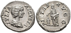 Julia Domna, Augusta (AD 193–217). Denarius (AR, 19 mm, 3.47 g) AD 196–211, Rome mint. 

IVLIA AVGVSTA Draped bust of Julia Domna right. / PIETAS AV...