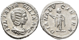 Julia Domna, Augusta (AD 193–217). Denarius (AR, 19 mm, 3.28 g) AD 211–217, Rome mint. 

IVLIA PIA FELIX AVG Draped bust of Julia Domna right. / DIA...