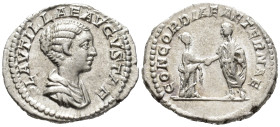 Plautilla, Augusta (AD 202–205). Denarius (AR, 20 mm, 3.09 g) AD 202, Rome mint.

PLAVTILLAE AVGVSTAE Draped bust of Plautilla right. / CONCORDIAE A...